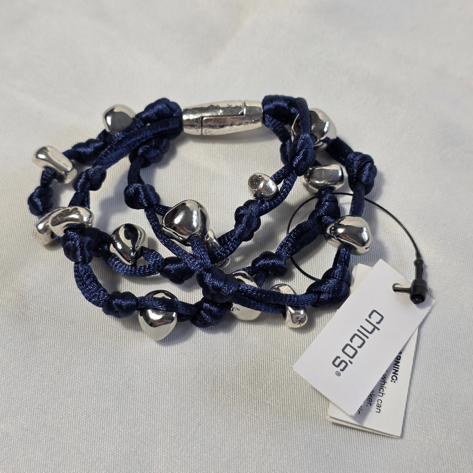 Chico’s Blue Silk Cord Multi-Strand Knotted Bracelet Silver Pebble Beads NEW
