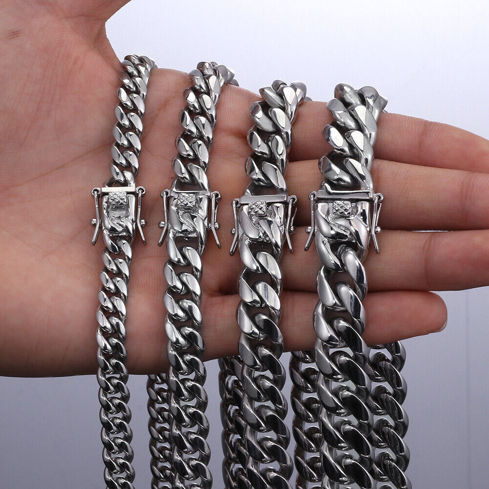 Men’s Heavy Silver Miami Cuban Link Bracelet Chain Stainless Steel 8mm-14mm