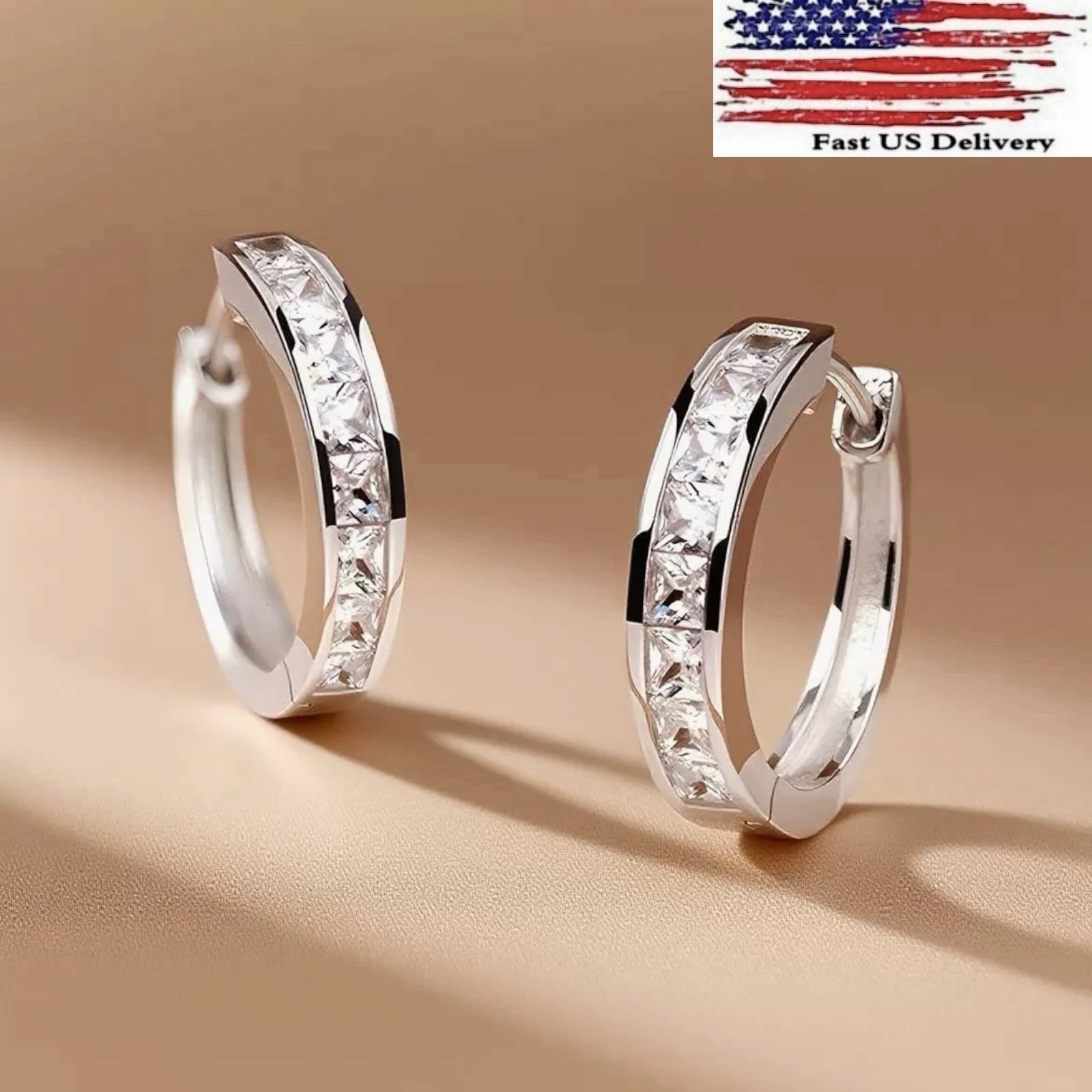 925 Sterling Silver Plated Square CZ Huggie Hoop Earrings Women Men B11