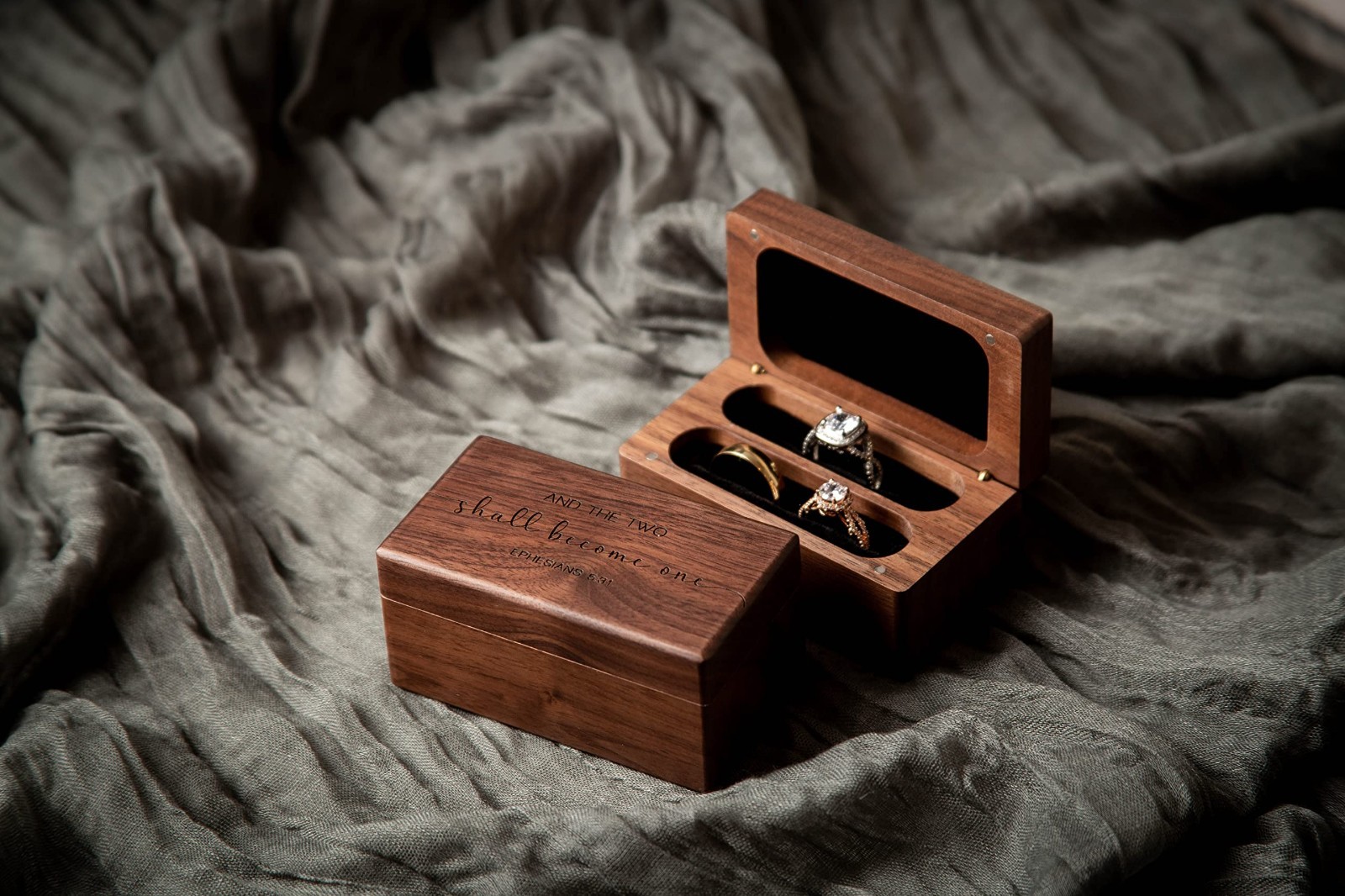 Engraved Wooden Quad Ring Box for Wedding, Anniversary, Birthday & Valentine’s G