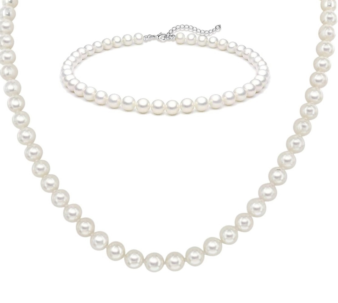 2PK Stainless Steel And Fresh Water Pearl Jewelry Bracelet Necklace Jewelry Set