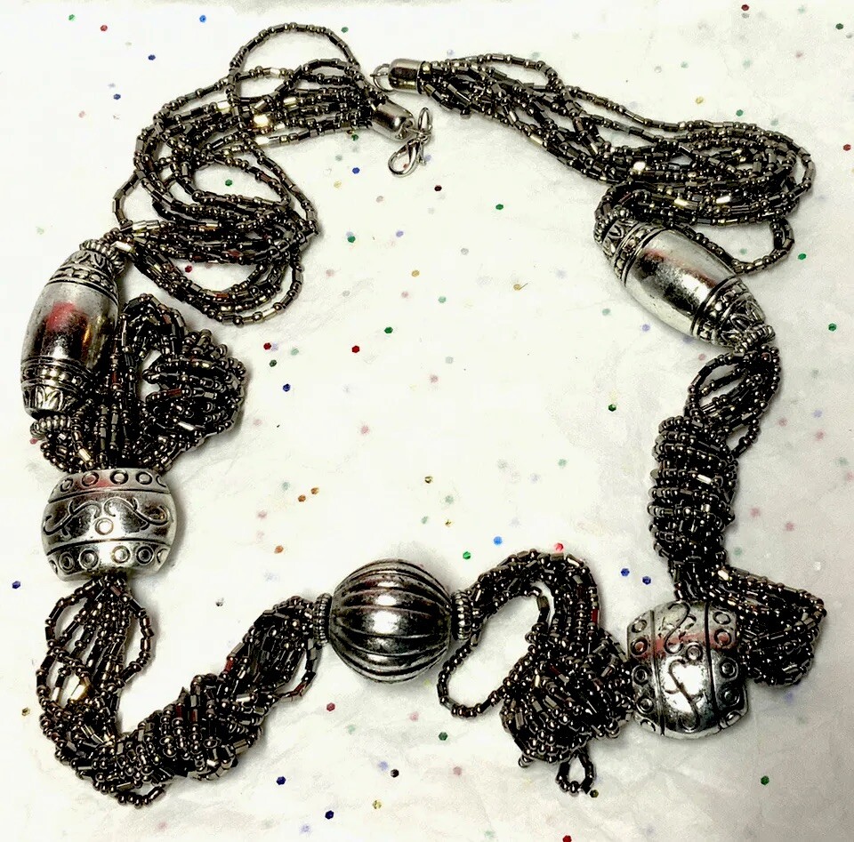Vintage To Mod Black-White Plastic/Acrylic/Lucite/Crystal Bead Necklace {13~Lot}