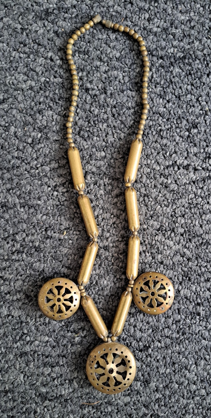 Brass Statement Tribal Necklace Pendant Boho Vintage 1980s Barrel Clasp