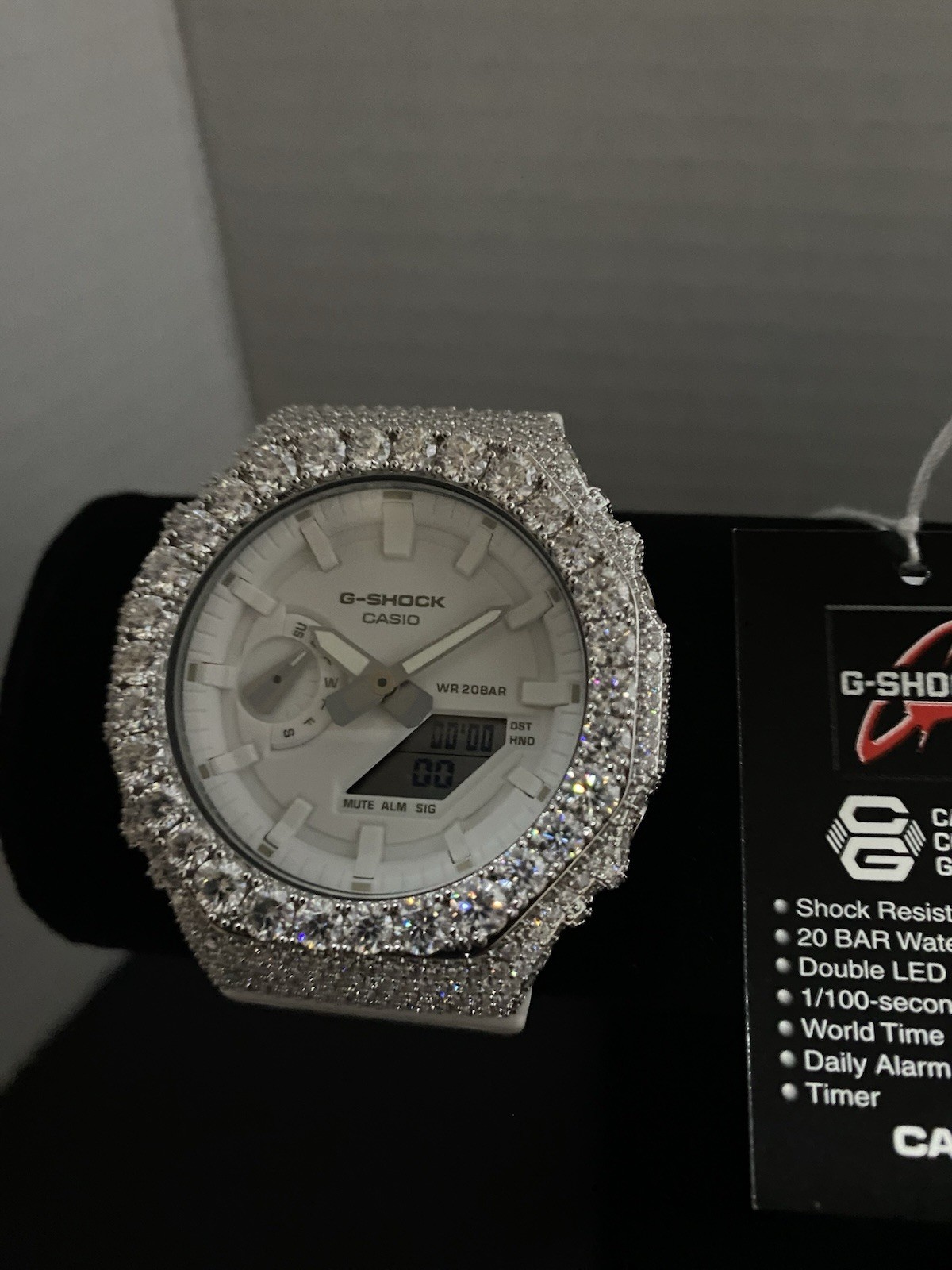 Casio G-SHOCK GA-2100-7A7ER + Custom Moissanite Bezel White Dial Watch