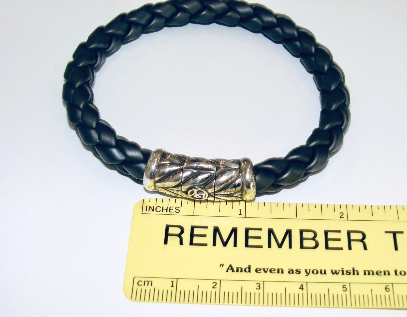 David Yurman Chevron Woven Black Rubber Bracelet 8MM 7″ STERLING SILVER BANGLE