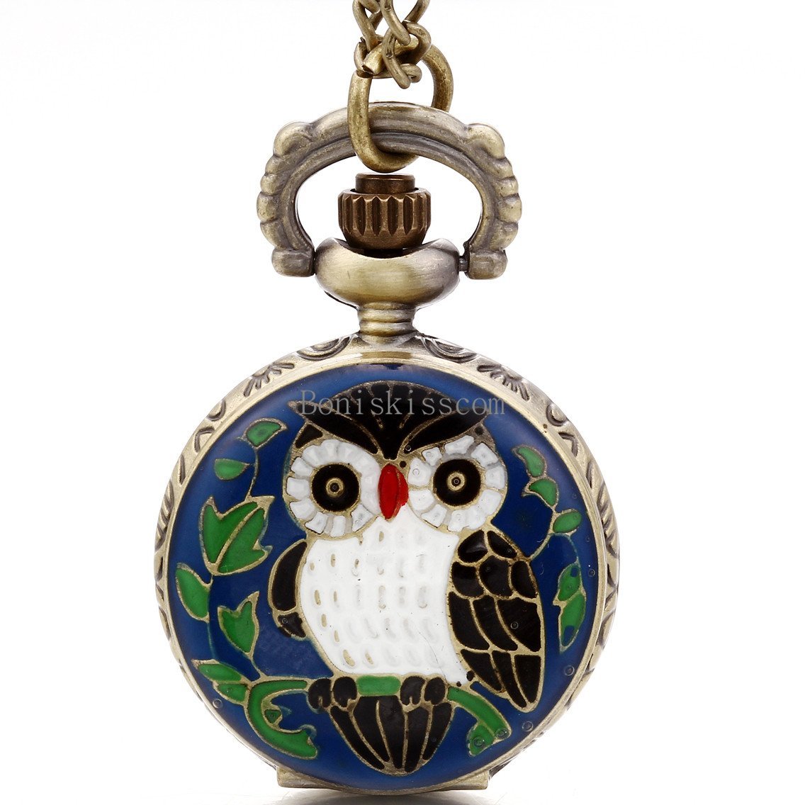 Vintage Brozne Alloy Enamel Night Owl Quartz Pocket Watch Pendant Chain Necklace
