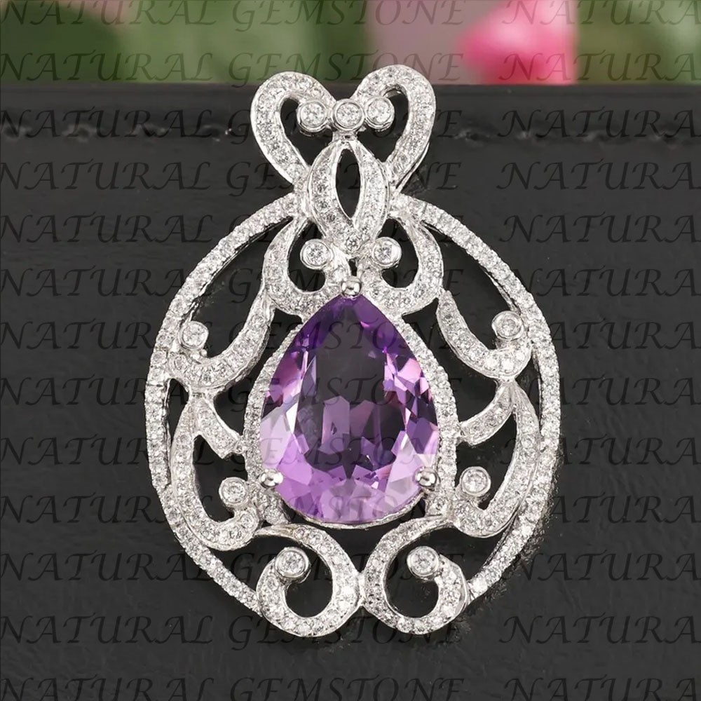 6.80Carat Pear Shape Natural Amethyst and Diamond Pendant 18K White Gold Plated