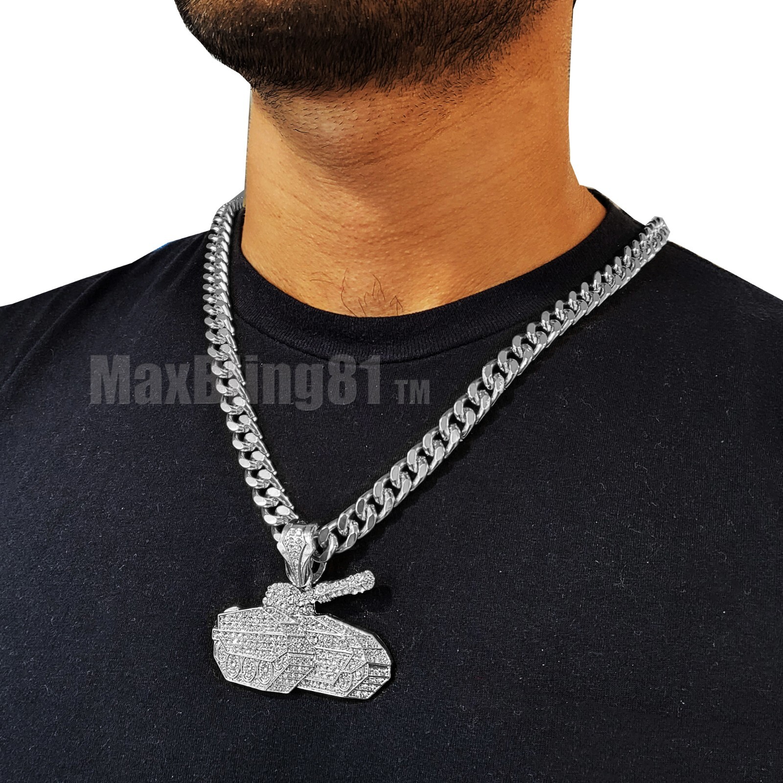Iced Icy Large NO LIMIT TANK Pendant & 10mm Cuban Chain Hip Hop Jewelry Necklace