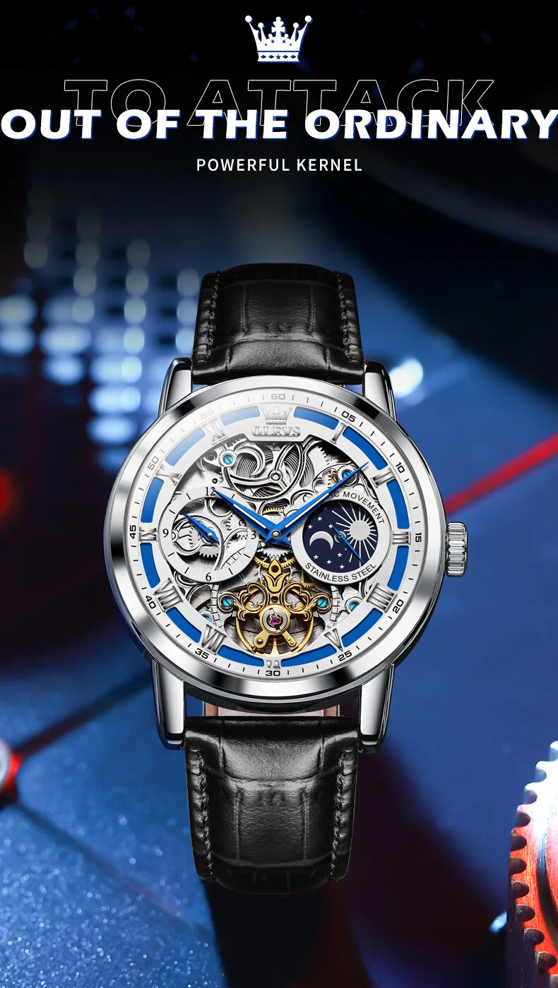 OLEVS Skeleton Self-Wind Automatic Mechanical Men’s Watch Leather Moon Phase