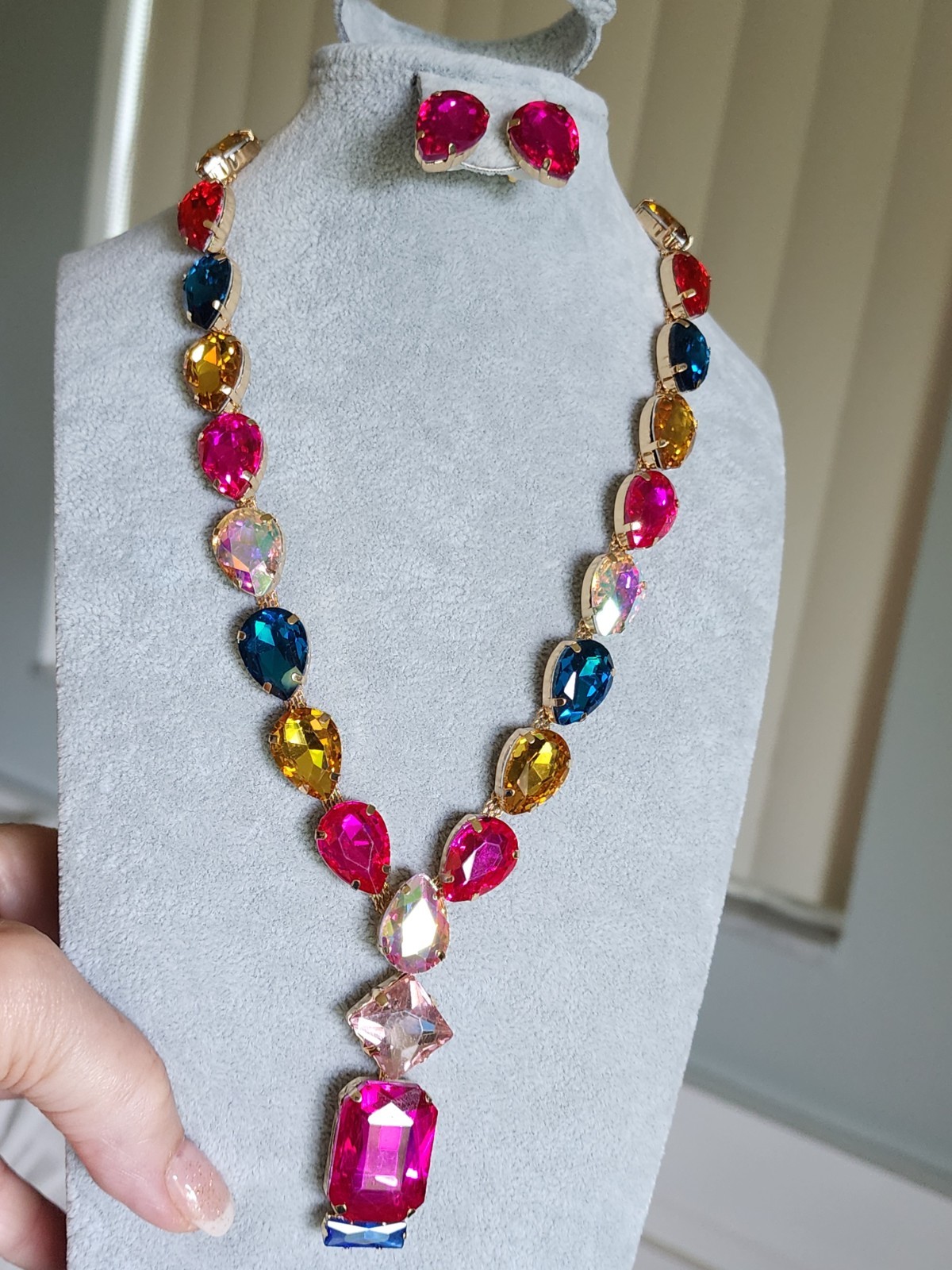 Multicolor Crystal Teardrop Necklace A& Earrings Set, Gold Plated
