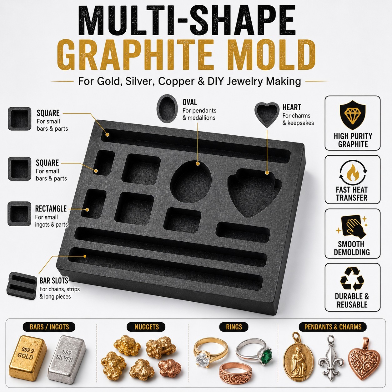 Graphite Ingot Mold 4x4in 11 Cavities Gold Bar Coin Scrap Melting Cast Tool