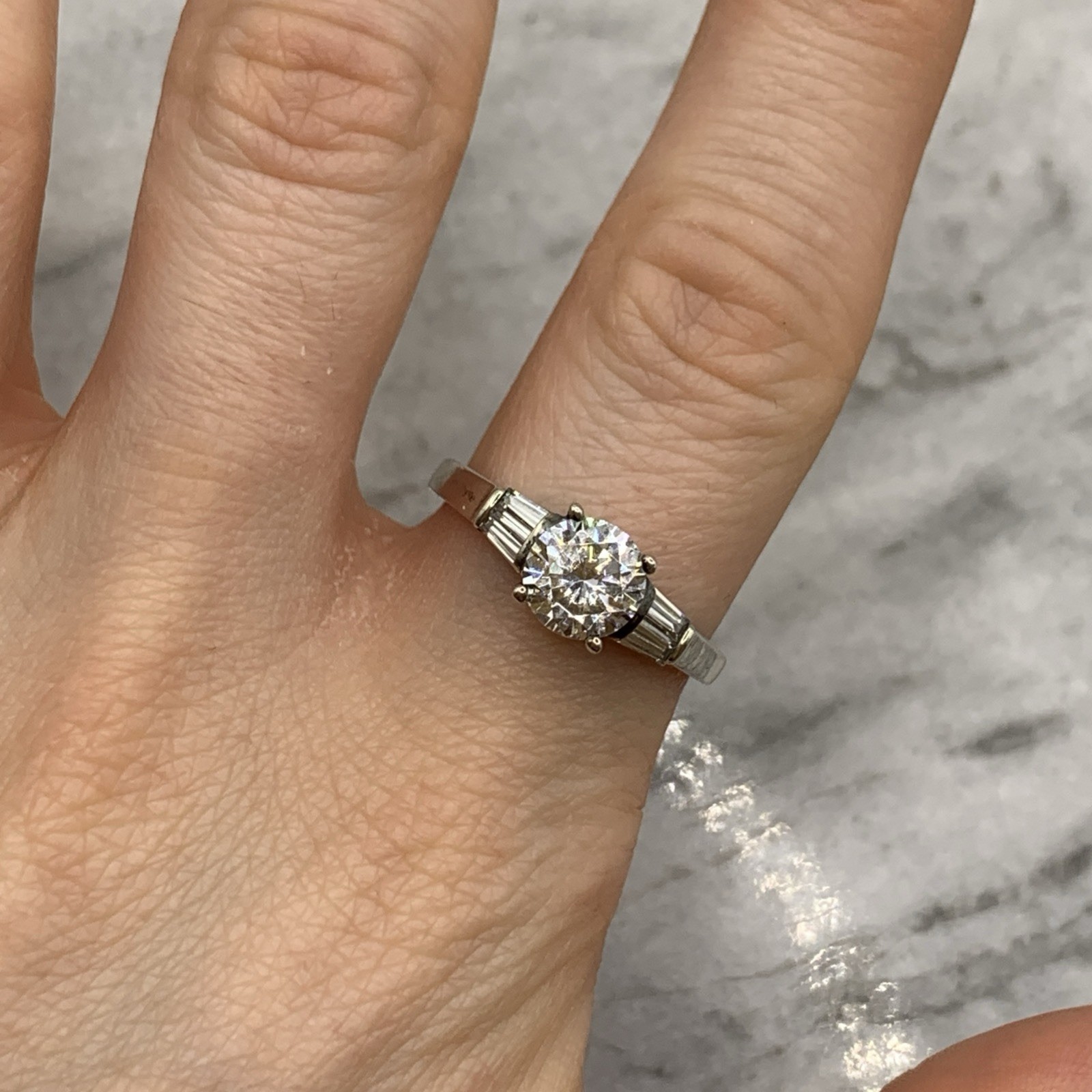 Art Deco Style Ring 925 Sterling Silver CZ Round Cut Baguette Shoulder – Size R