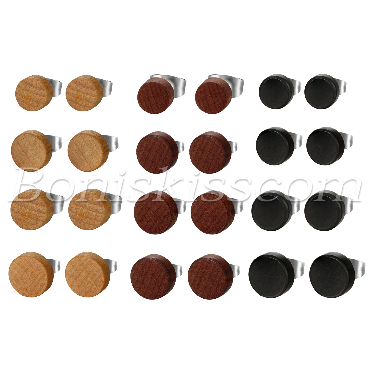 2pcs Men’s Womens Wood Ear Studs Stainless Steel Pierced Post Earrrings 6mm-12mm