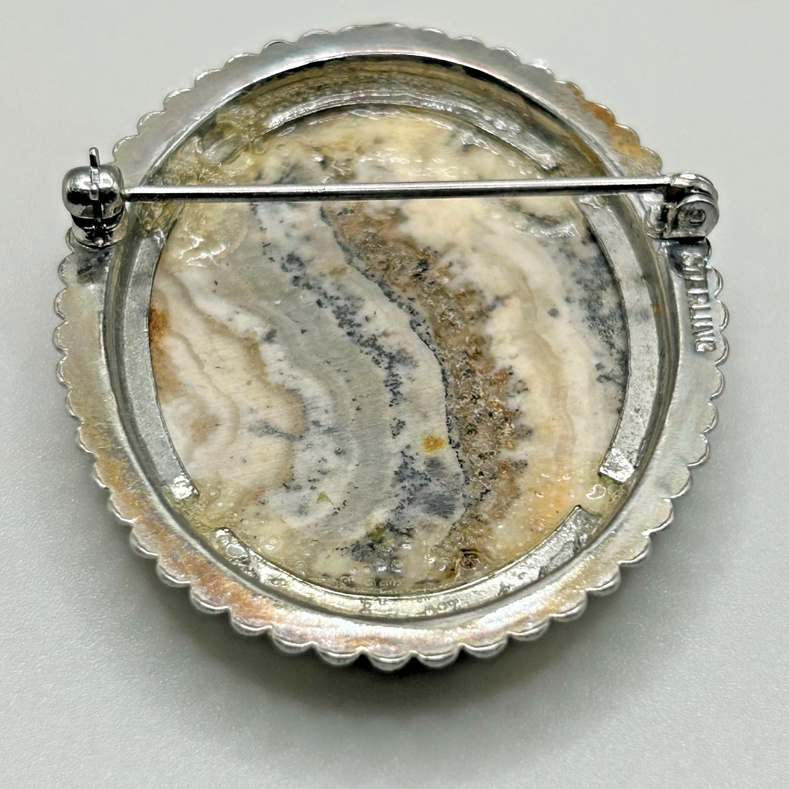 Hand Cut & Polished 2″ Dendrite Agate Stone Cabochon Pin in Sterling Silver JP2