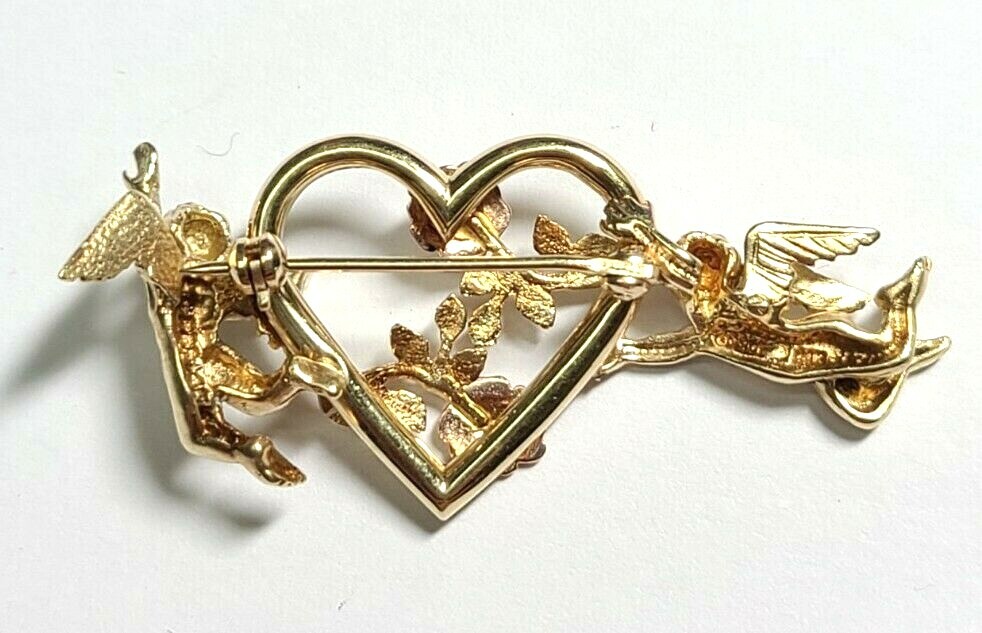 VINTAGE ANGEL 14K SOLID YELLOW & ROSE GOLD PIN BROOCH HEAVEN HEART LOVE