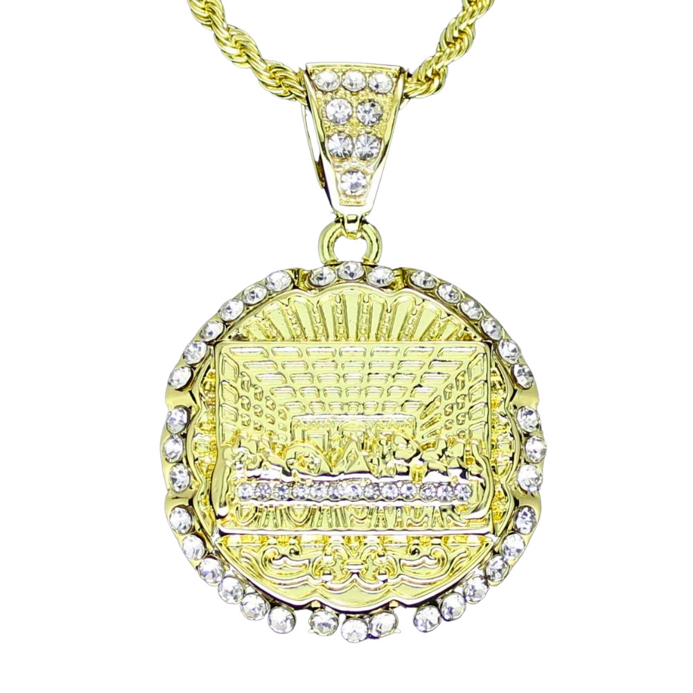 Round Iced Medium Last Supper CZ Pendant 14k Gold Plated 24″ Rope Chain Necklace
