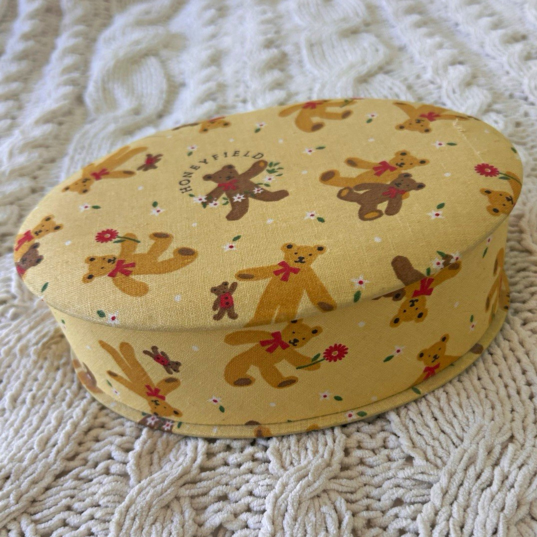 Sanrio Honeyfield Oval Fabric Jewelry Box Yellow Teddy Bear Mirror Lined