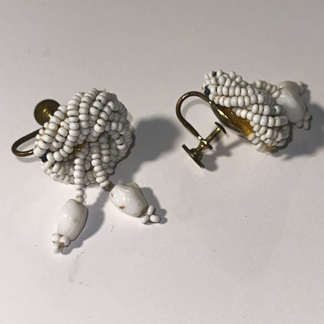 White Handmade Glass Beaded Clip-On Dangle/Drop Earrings for Unisex Adults