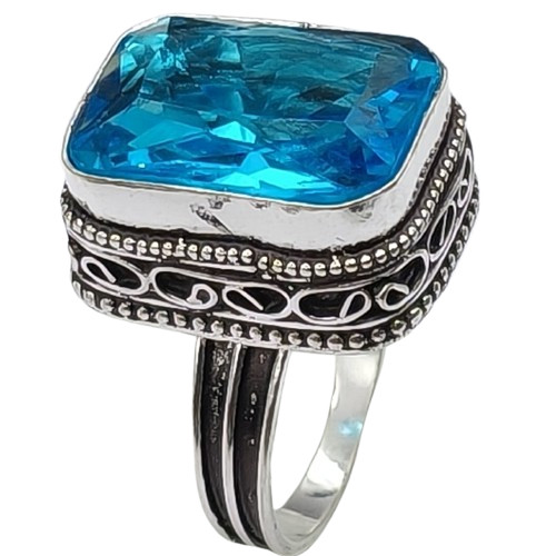 Blue Topaz Hydro Gemstone Antique Silver Plated Ring US Size-8.75 A 1308