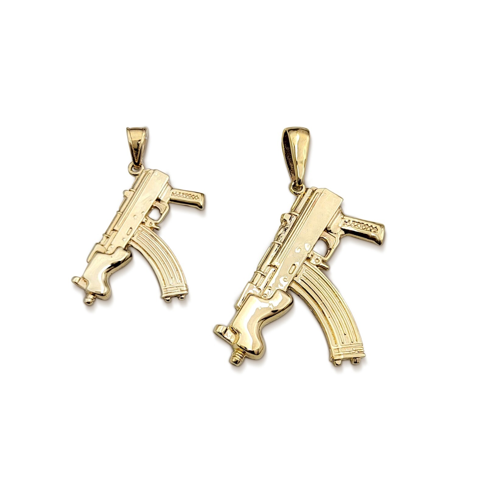 Solid 10K Yellow Gold Mini Draco Pistol, Real Gold Gun Pendant AK-47