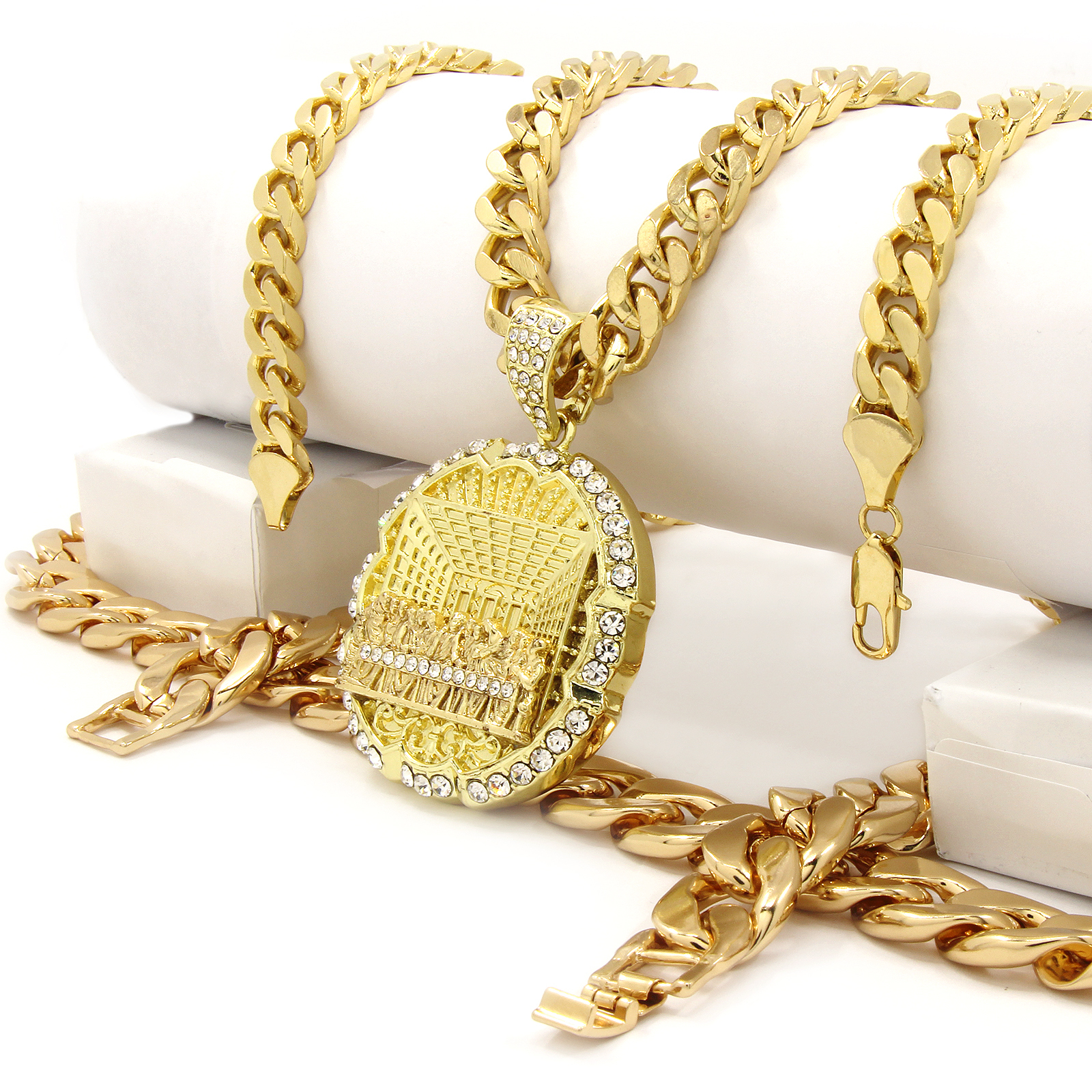 Men 14k Gold Plated Last Supper Pendant Iced Cubic Zirconia Two 30″ Cuban Chain