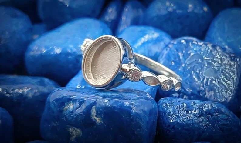 925 Sterling Solid Silver 6x8mm Oval Bezel Ring Blank with Zircon DIY Jewelry