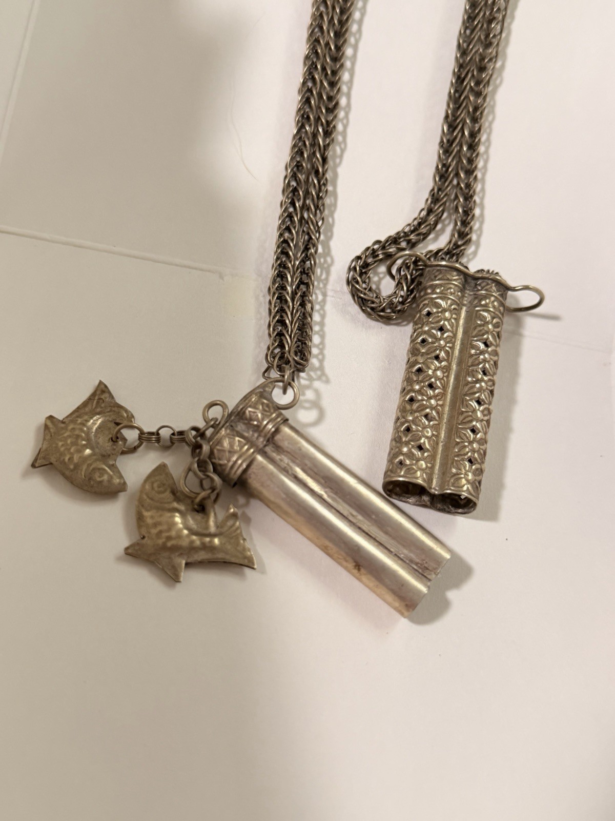 Vintage Tibetan Double Prayer Scroll Tube Necklace Fish Charms Pendant 29g Rare