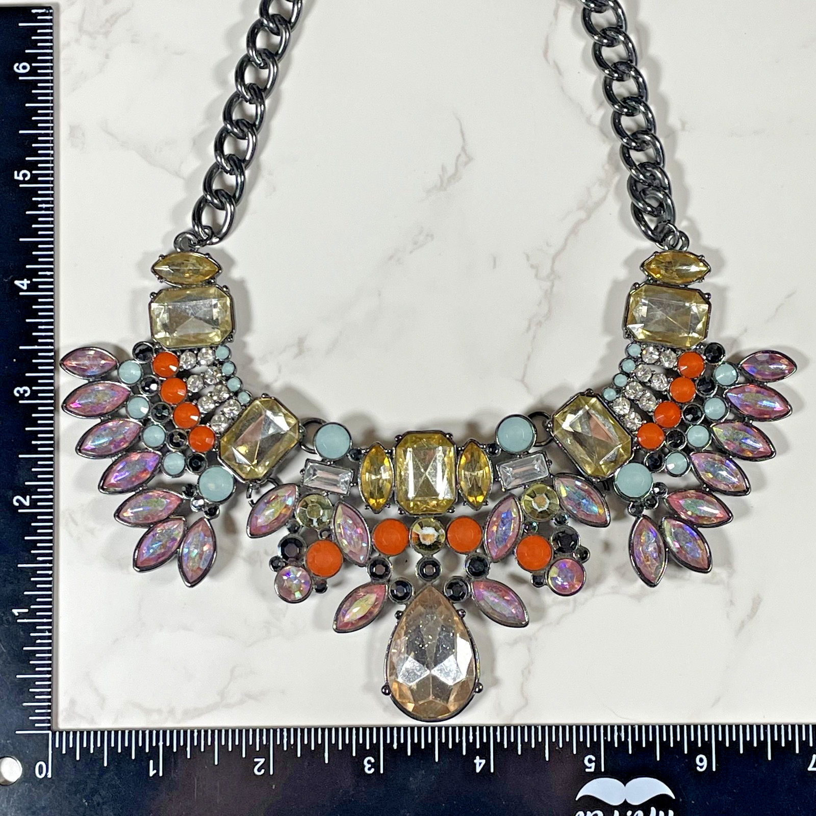 Multicolor Rhinestone Statement Bib Necklace Gunmetal Chain Iridescent Crystal