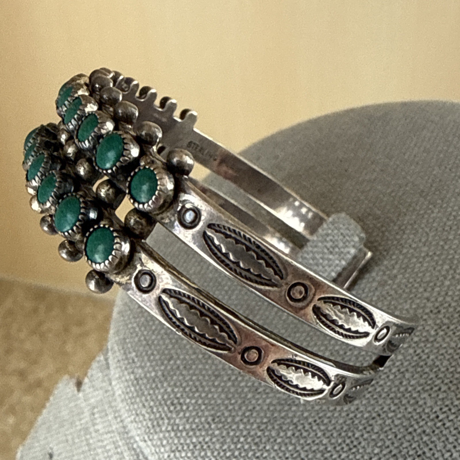 Vintage Native Zuni Sterling Silver Snake Eye 2 Row Turquoise Cuff Bracelet 6.5”