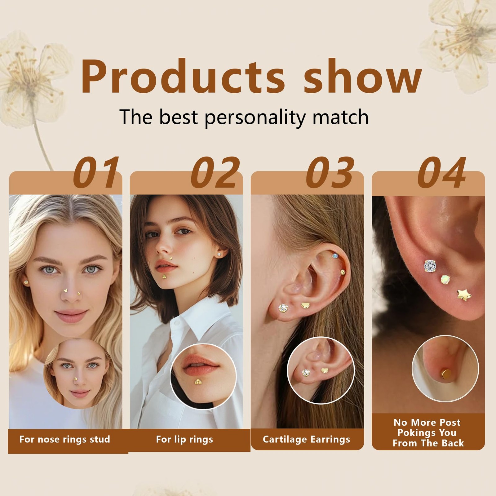 15Pcs 20G/18G/16G Flat Back Push in Stud Earrings 316L 16G(1.2mm), Golden
