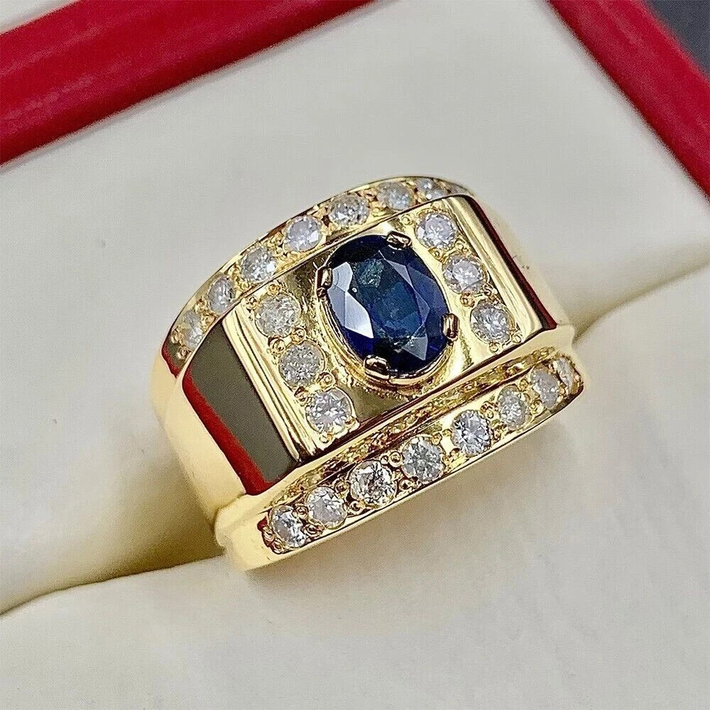 Certified 2.66Ct Natural Sapphire & Diamond Men’s Cocktail Ring 14K Yellow Gold