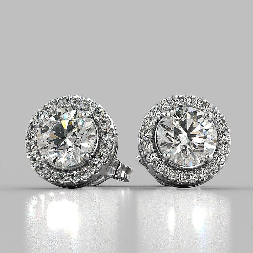 4.00 Ct Round Cut Halo Design Lab Created FL/D Stud Earrings 14K White Gold 8mm