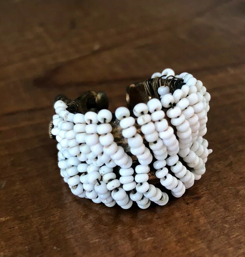 Vintage White Beaded Screwback Hoop Wire Wrapped Earrings