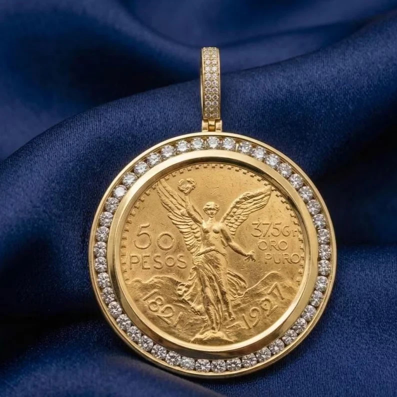 50 Pesos Pendant Lab Created Diamond Bezel 14K Gold Plated Centenario Medallion
