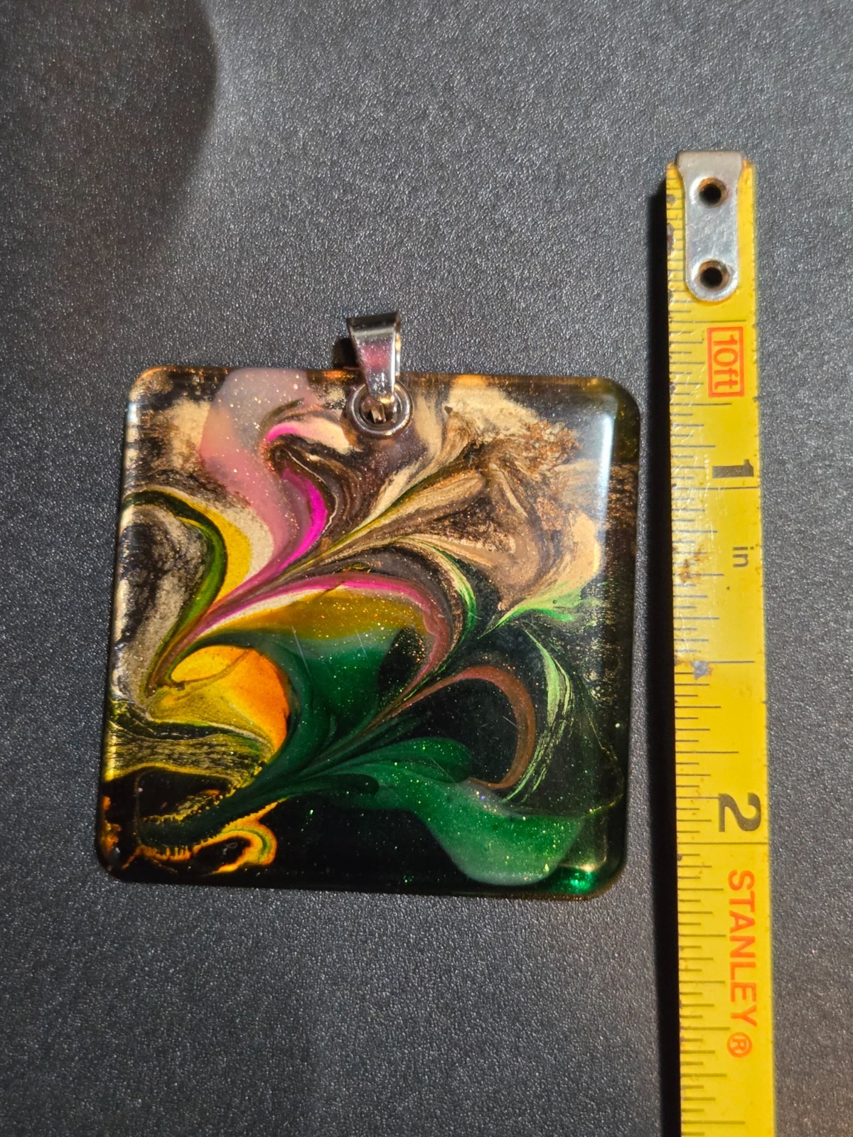 OOAK Petri Effect Resin Square Pendant Green Pink Gold Stainless N104