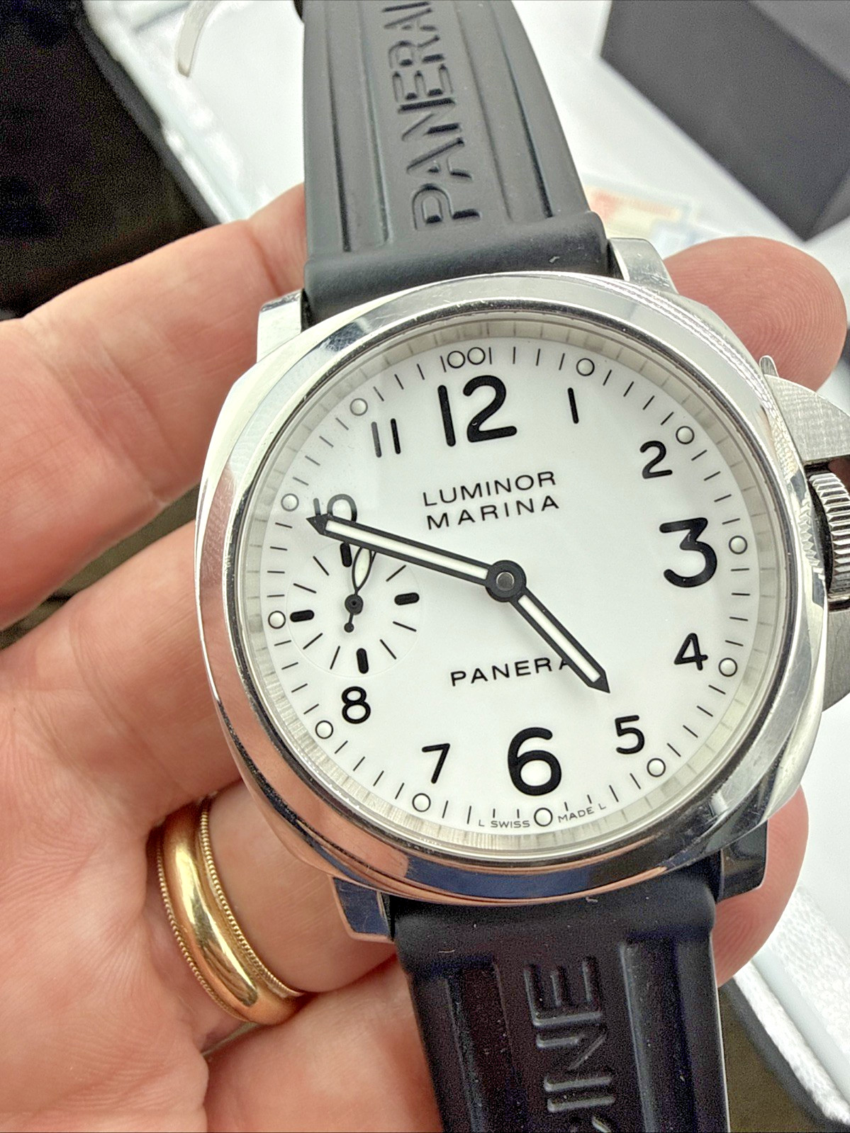 PANERAI 44MM Luminor MARINA PAM00113 OP6567 Box Papers WHITE DIAL Blk Rubber Bnd