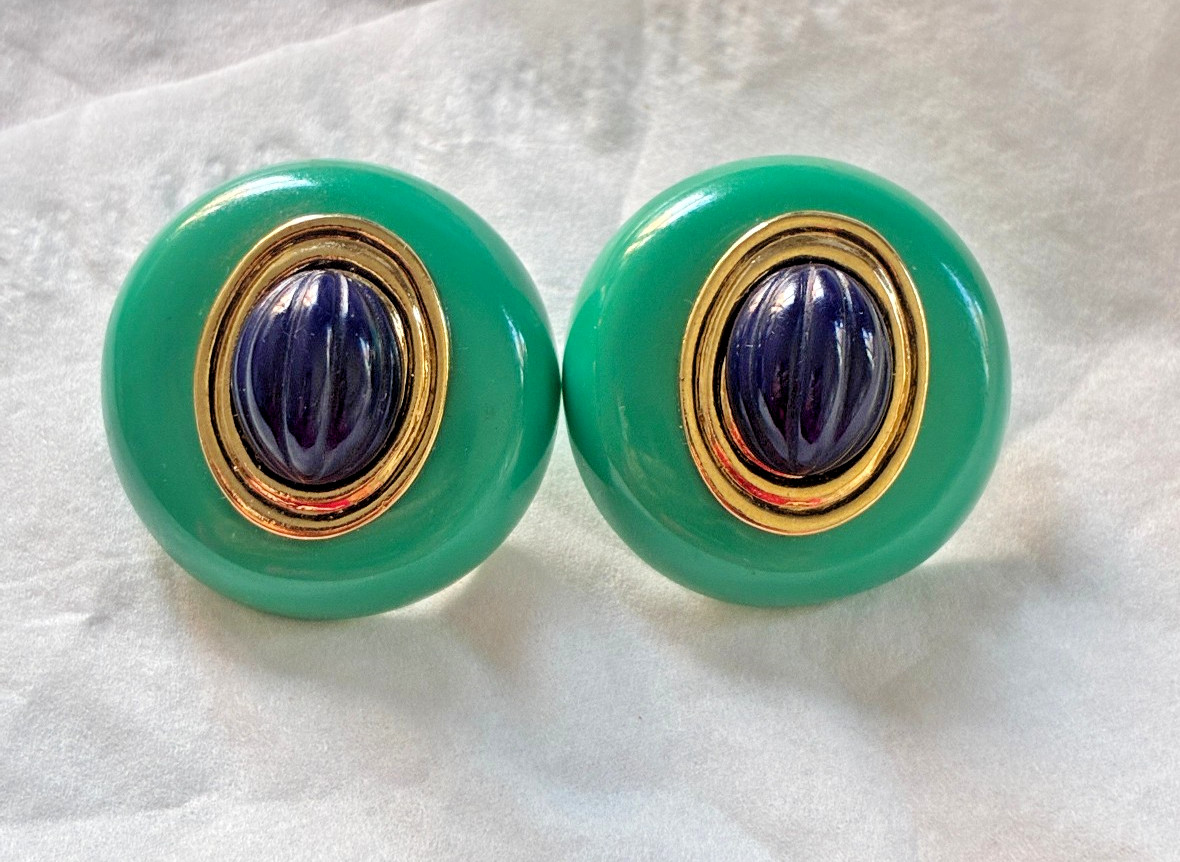 GIANT 1960’S SIMULATED TURQUOISE, SIMULATED LAPIS ROUND POST EARRINGS