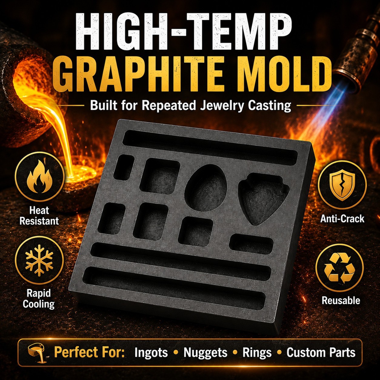 Graphite Ingot Mold 4x4in 11 Cavities Gold Bar Coin Scrap Melting Cast Tool