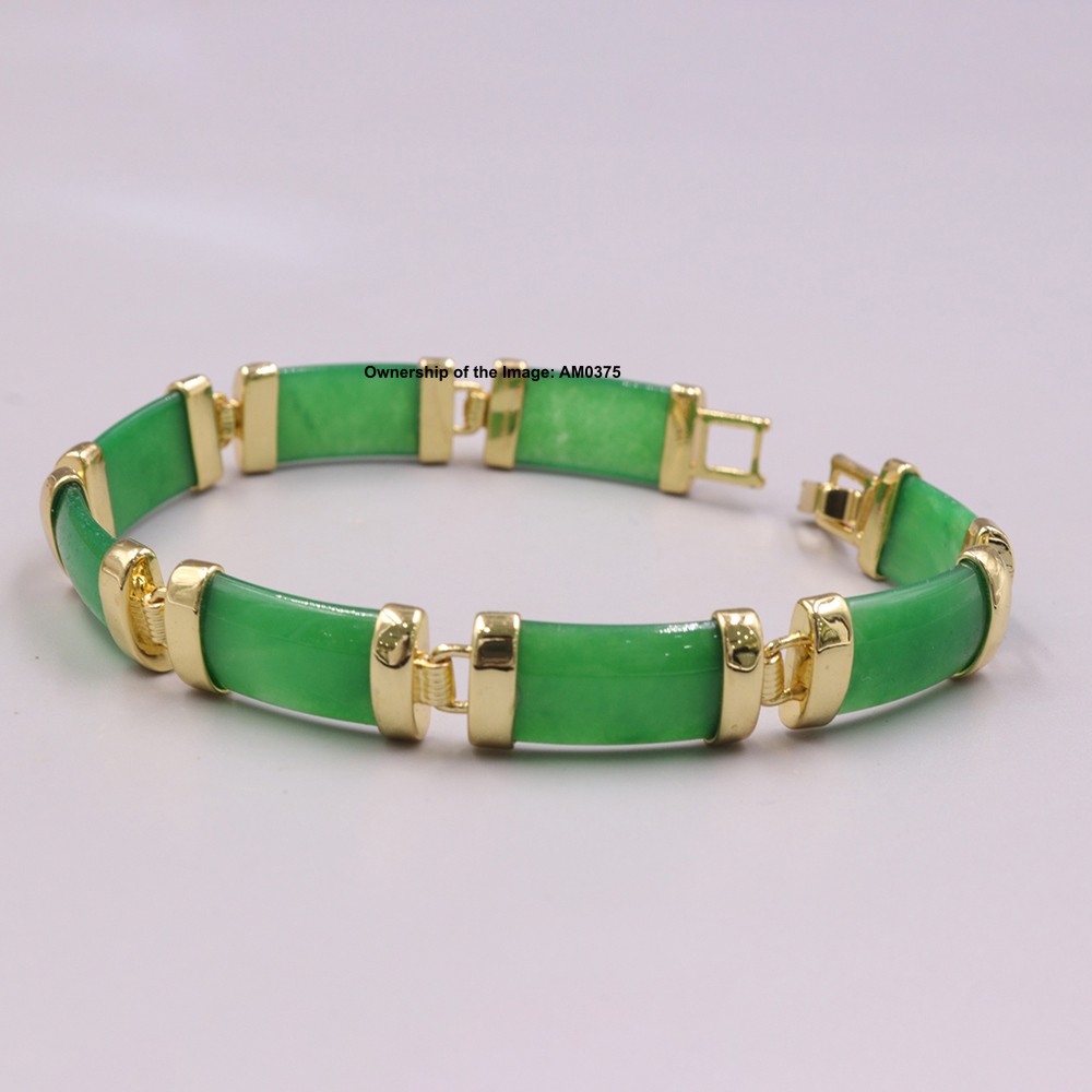 Gold Plated Alloy 10mm Rectangle Green Jade Women’s Bracelet 7.48inch