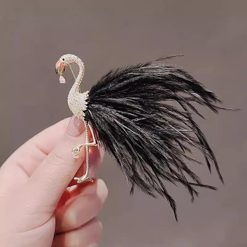 Luxurious 14k Gold Plated Copper Zircon Flamingo Brooches High-end Bird Hot Sale