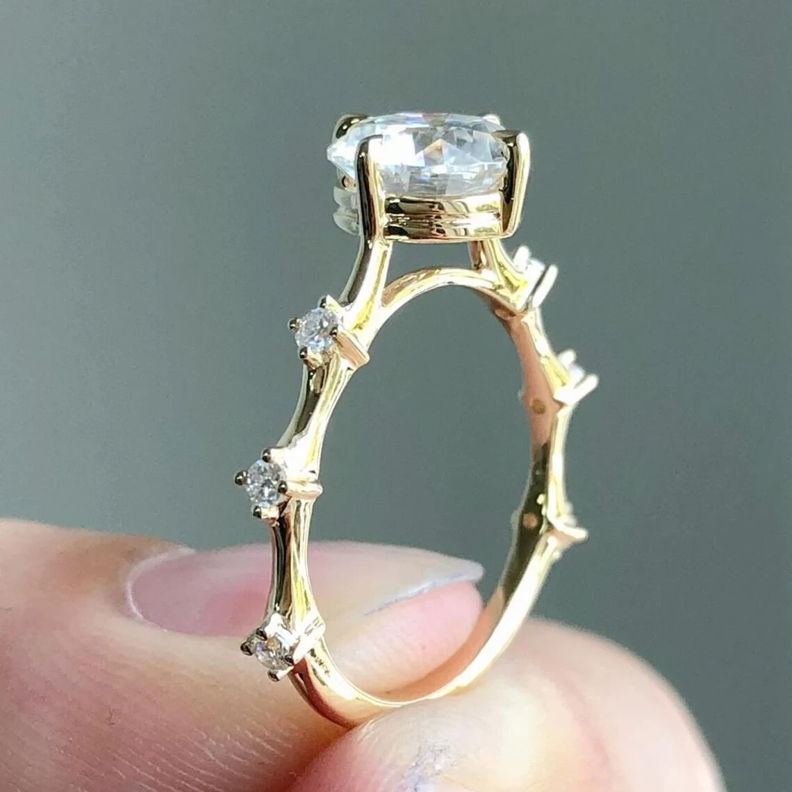 8mm Round Moissanite Solitaire With Accents Wedding Ring 14K Yellow Gold Plated