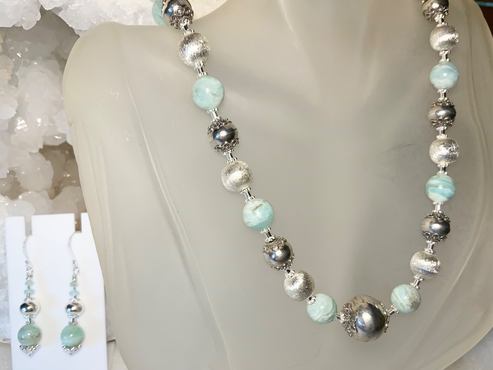 SS .925 BLUE PERUVIAN OPAL NECKLACE & EARRINGS AND SET