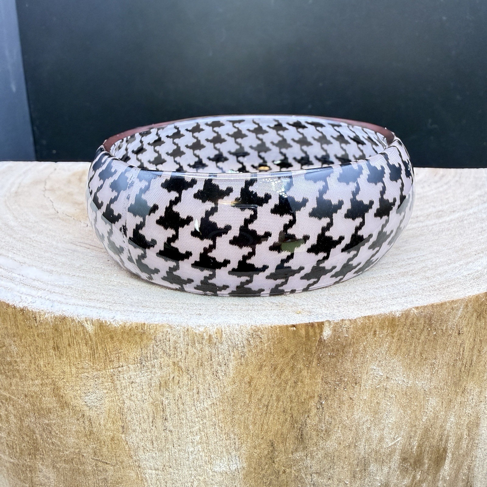 Houndstooth Acrylic Resin Bangle Bracelet Fabric Inlay? Retro Wide Bangle