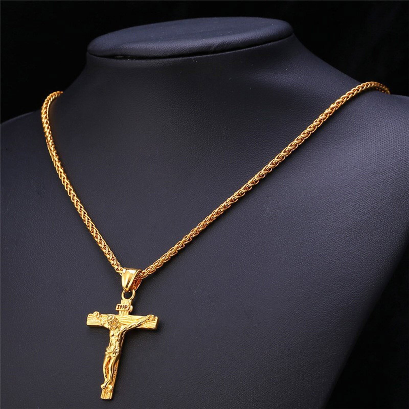 Mens Gold Stainless Steel Jesus Christ Crucifix Cross, Necklace Chain 24″