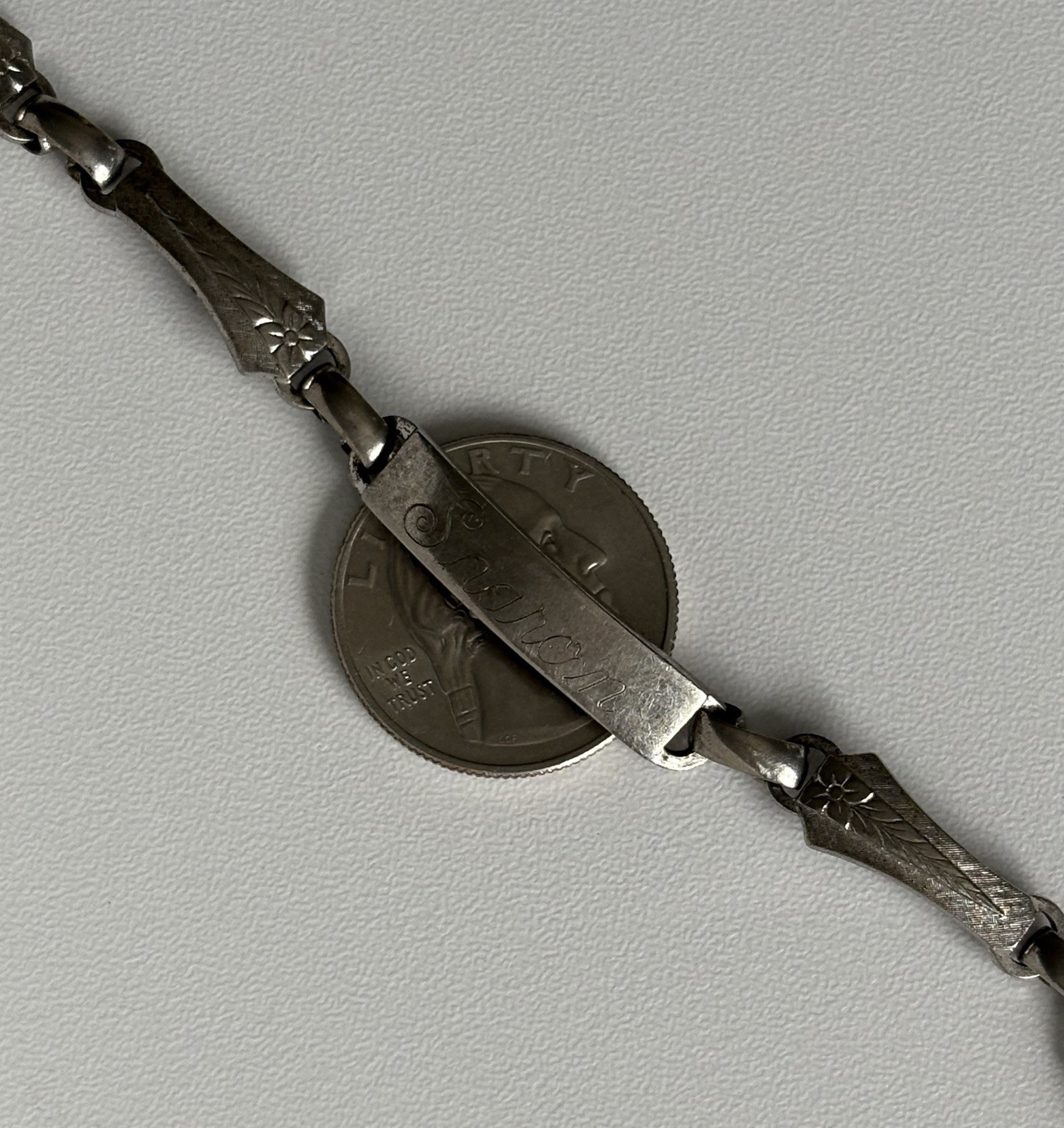 LA MODE Sterling Silver ID Bracelet 7” Floral Vintage Etched SHAROIN 13.58 Grams