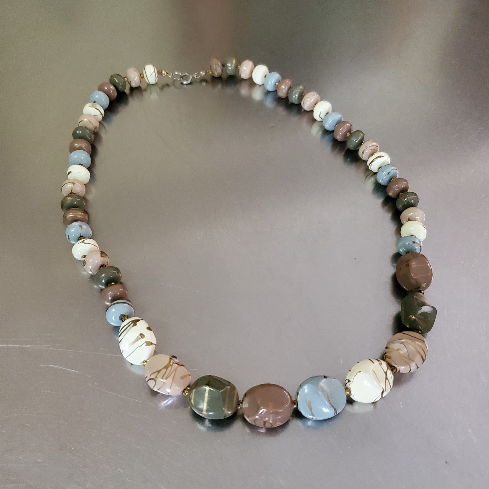 Vintage Multicolor Necklace Brown Blue Gold Beige White Green Beaded 22.5 inch
