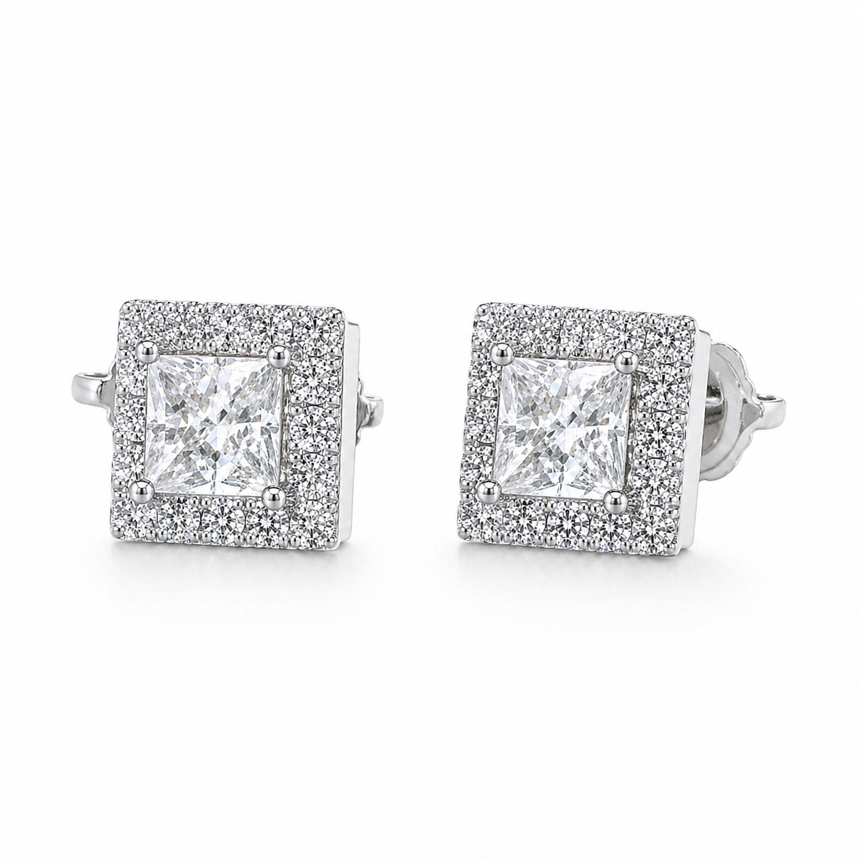 2.52 cttw Natural Diamond Princess Cut Halo Stud Earrings Solid 18K White