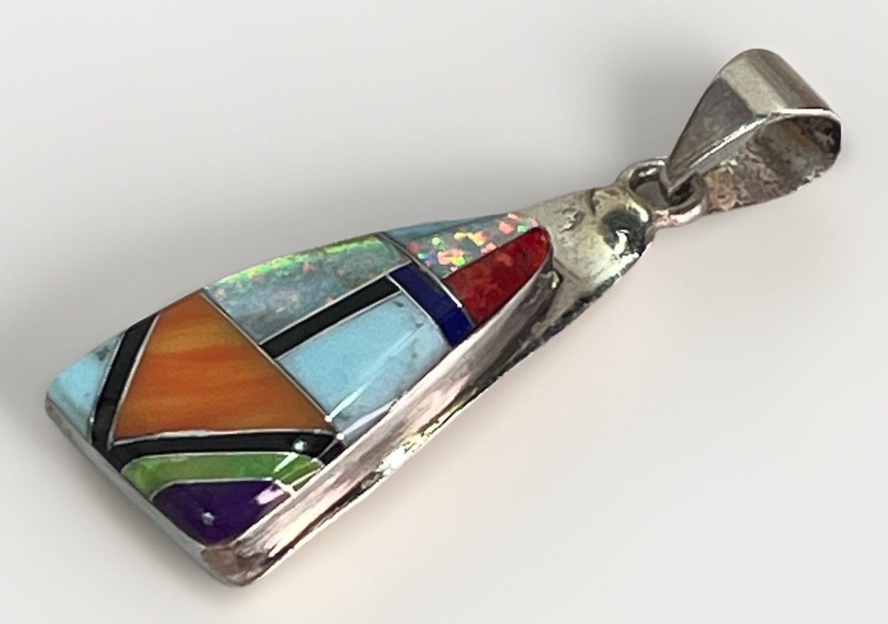 Turquoise Multi Stone Inlay Sterling Silver Pendant NAVAJO Trevor Jack Signed