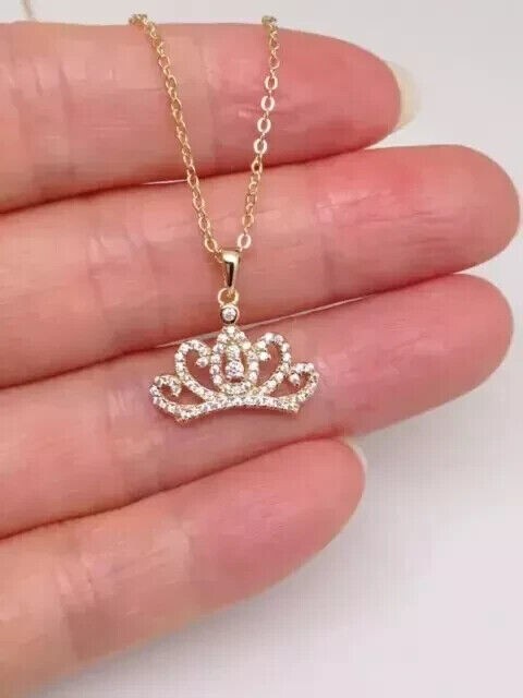 Round Cut Simulated Diamond Stunning Crown Charm Pendant 14K Yellow Gold Plated