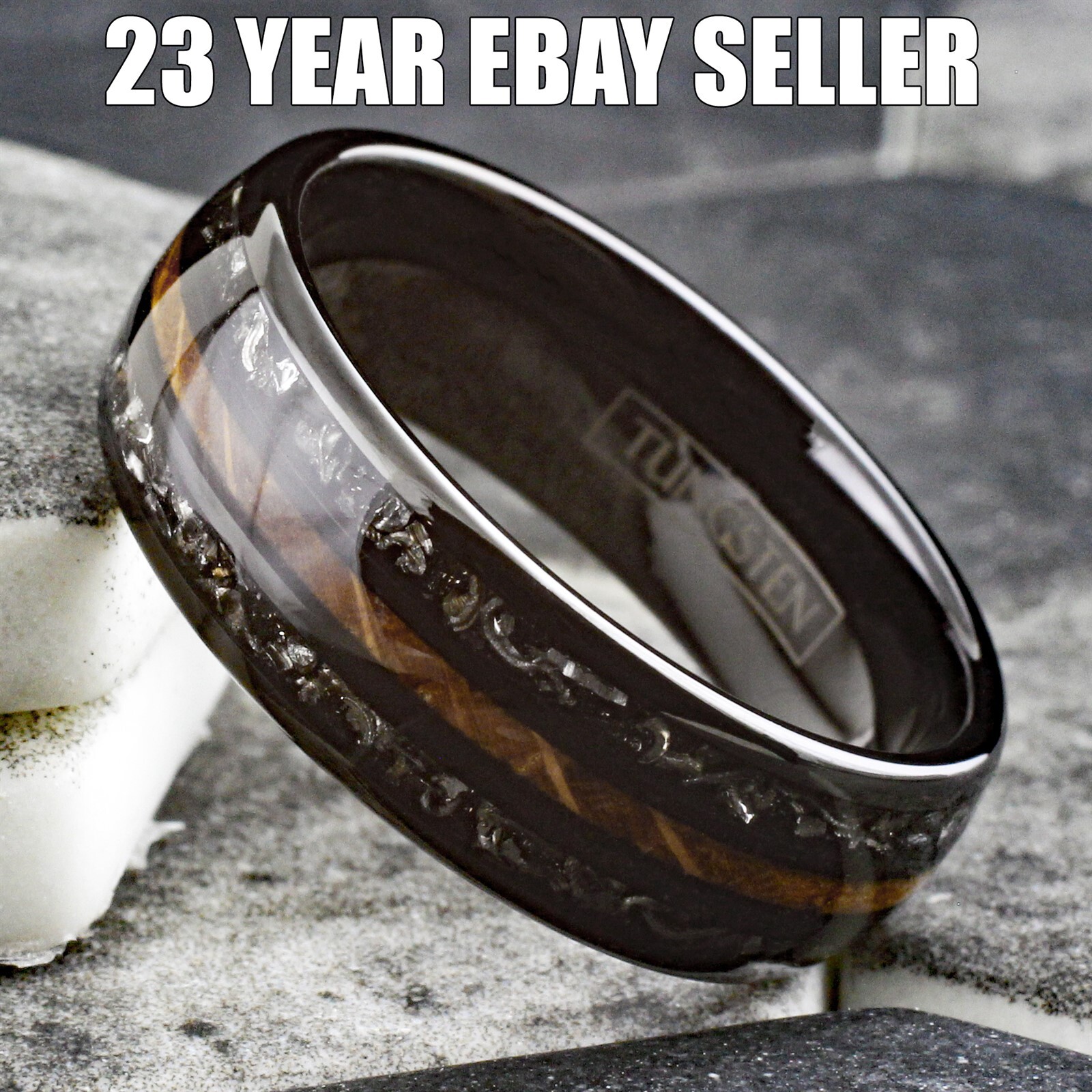 Personalized Black Tungsten Carbide Ring Whiskey Barrel Meteorite Wedding Band